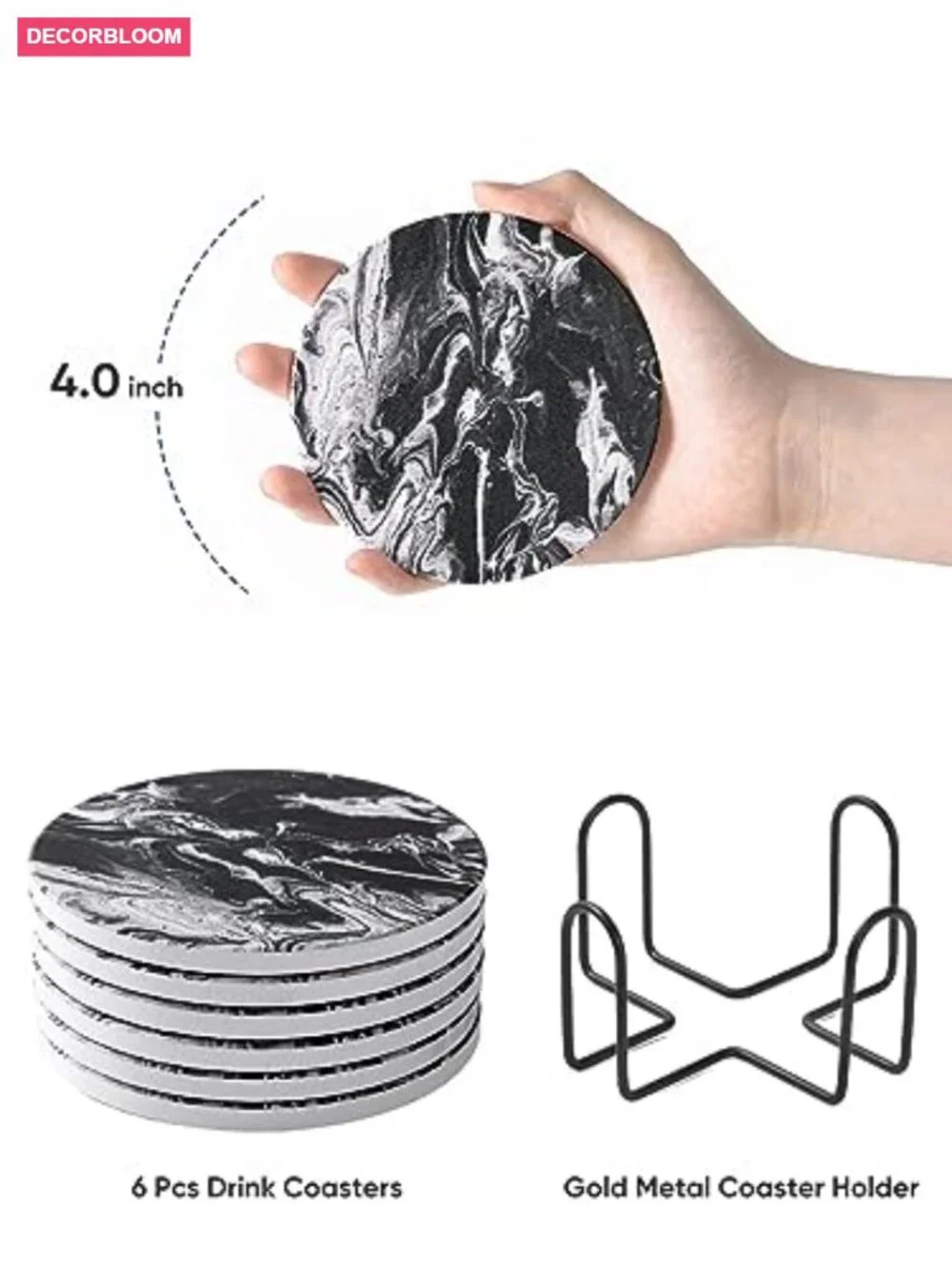 Set of 6 Absorbent Stone Coasters with Holder, Ceramic Drink Coasters for Table